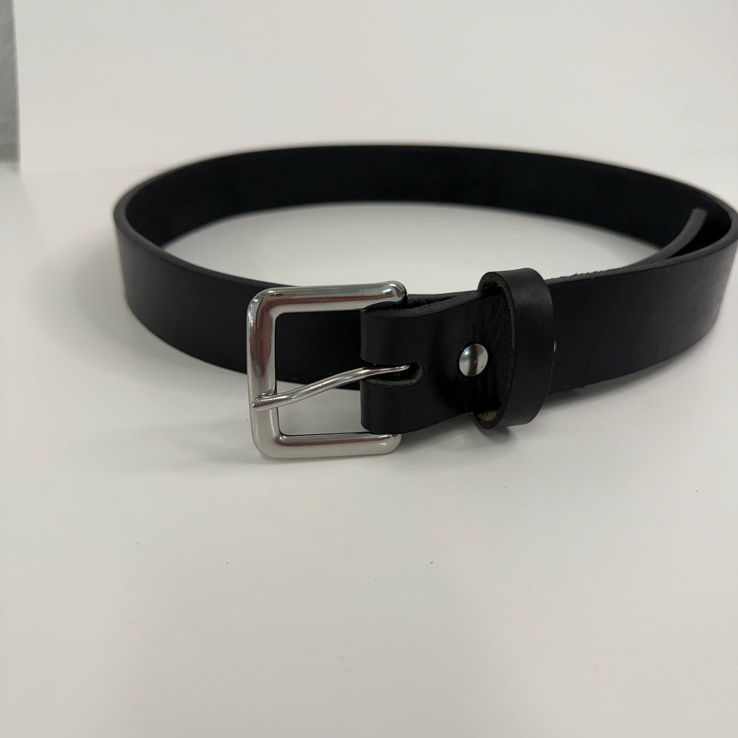Black workhorse belt with chrome hardware front view