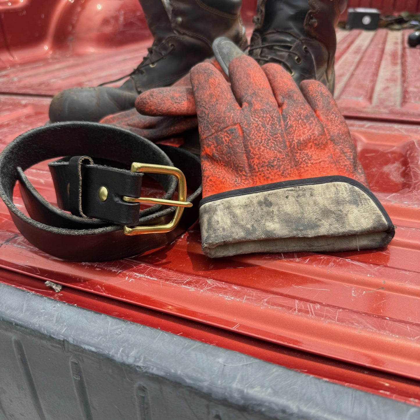 workhorse with gold hardware coiled with boots and gloves on a tailgate